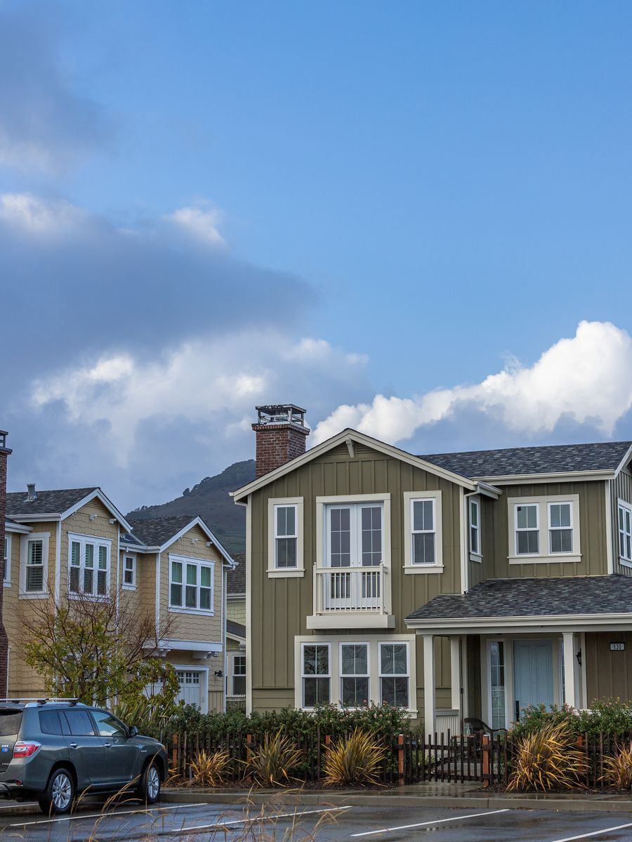 A bright suburban neighborhood street